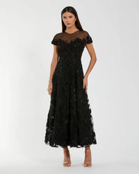 Mac Duggal Black Embellished Lace Illusion Neck A-Line Midi Dress #69003