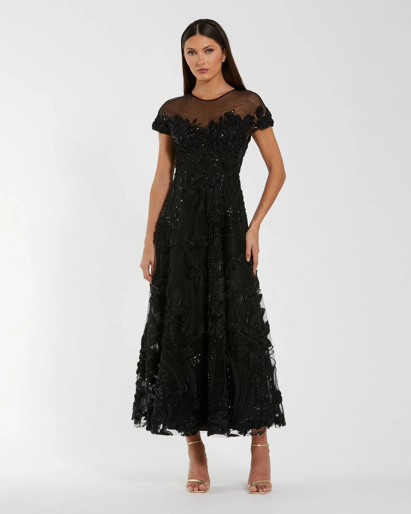 Mac Duggal Black Embellished Lace Illusion Neck A-Line Midi Dress #69003