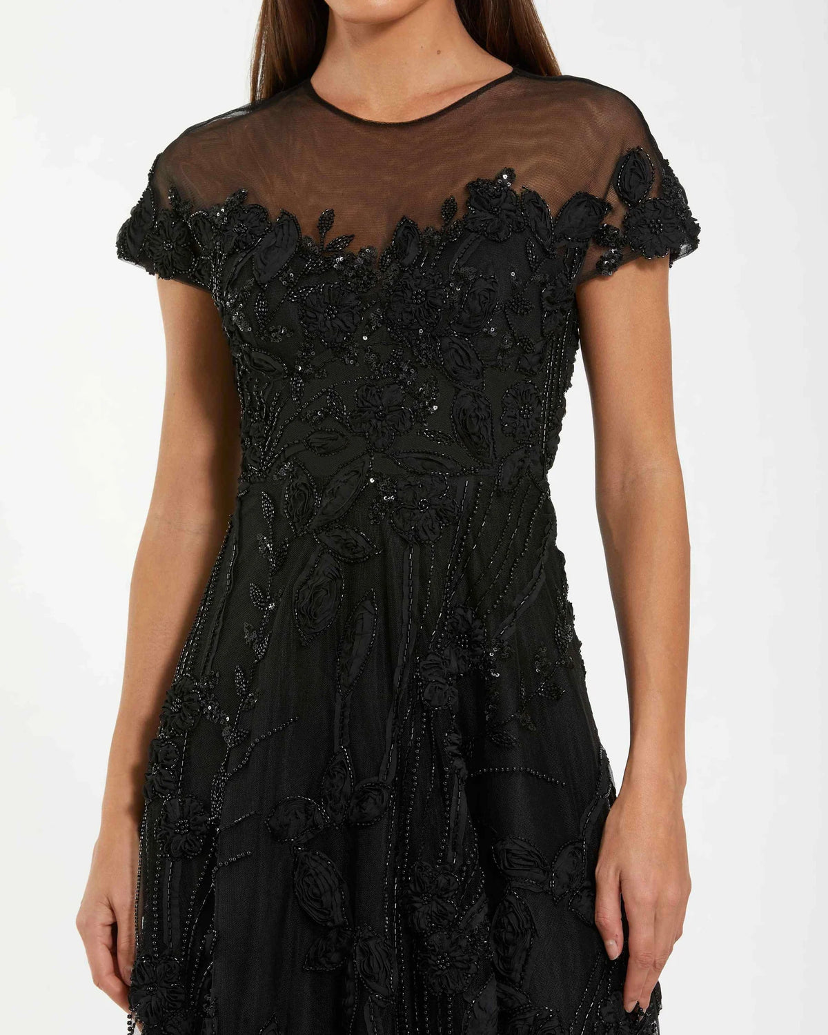 Mac Duggal Black Embellished Lace Illusion Neck A-Line Midi Dress #69003