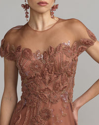 Mac Duggal #69003 rust embellished lace illusion cocktail dress