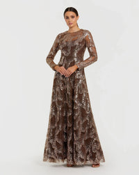Mac Duggal Brown Embellished Long Sleeve High Neck Evening Gown Bronze #69005