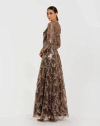 Mac Duggal Brown Embellished Long Sleeve High Neck Evening Gown Bronze #69005