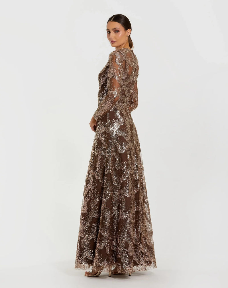 Mac Duggal Brown Embellished Long Sleeve High Neck Evening Gown Bronze #69005