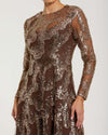 Mac Duggal Brown Embellished Long Sleeve High Neck Evening Gown Bronze #69005