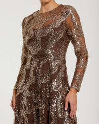 Mac Duggal Brown Embellished Long Sleeve High Neck Evening Gown Bronze #69005