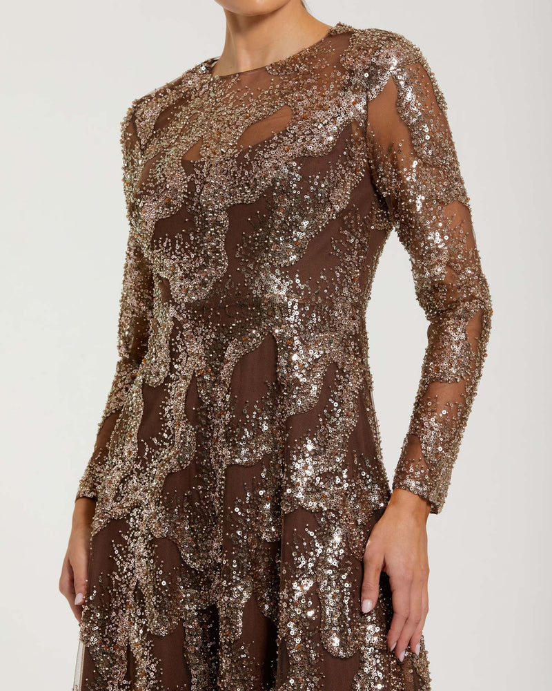 Mac Duggal Brown Embellished Long Sleeve High Neck Evening Gown Bronze #69005