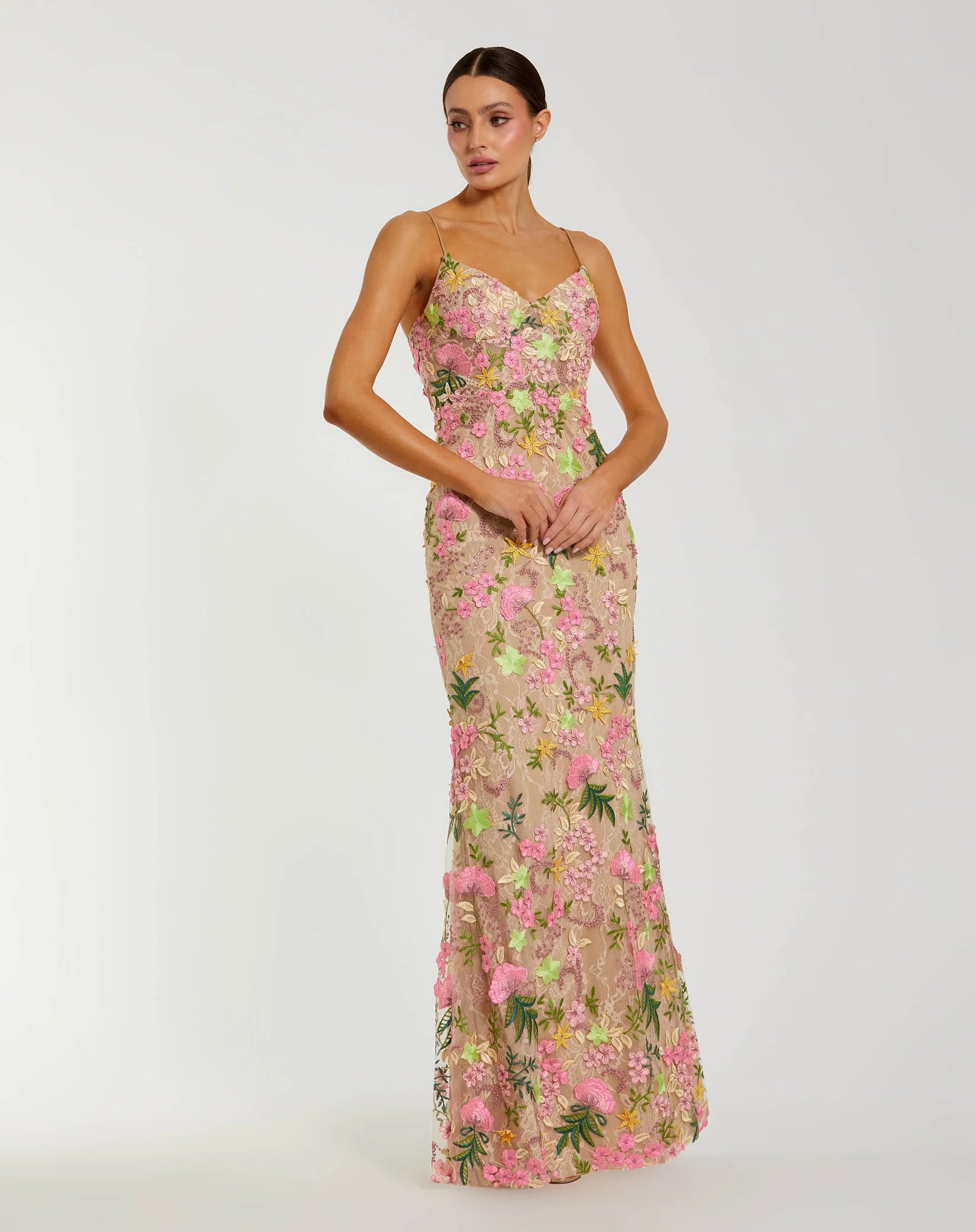 Mac Duggal Beige Multi Floral Rhinestone Embroidered Column Gown Nude Multi