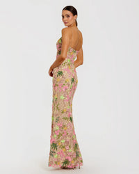 Mac Duggal Beige Multi Floral Rhinestone Embroidered Column Gown Nude Multi