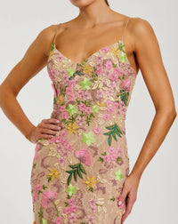 Mac Duggal Beige Multi Floral Rhinestone Embroidered Column Gown Nude Multi