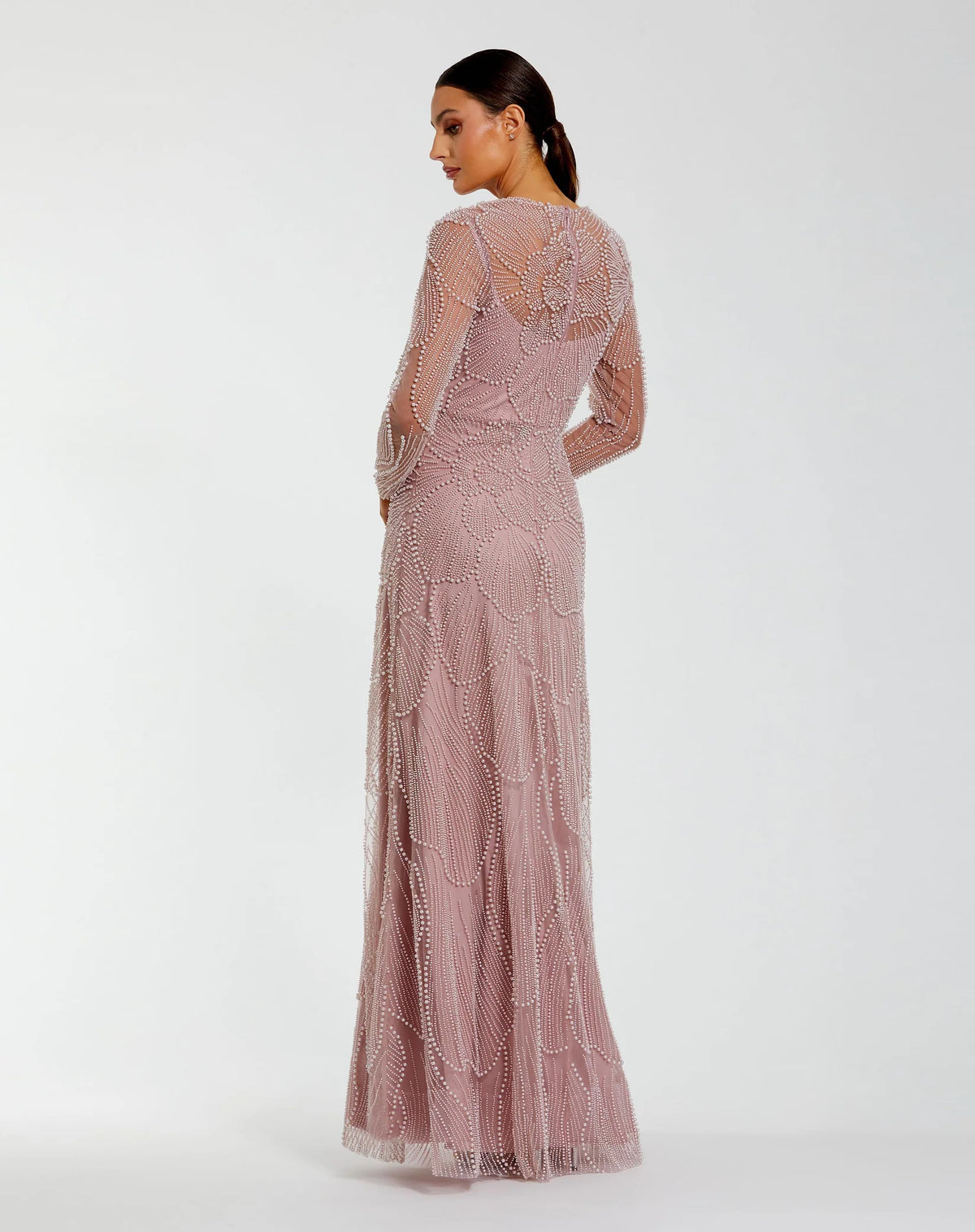 Mac Duggal Pink Beaded High Neck Long Sleeve A Line Gown, Mocha #69012