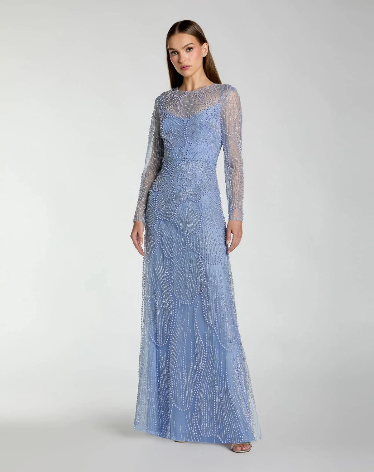 Mac Duggal Blue Beaded High Neck Long Sleeve A Line Gown #69012 Periwinkle
