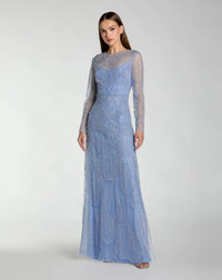 Mac Duggal Blue Beaded High Neck Long Sleeve A Line Gown #69012 Periwinkle