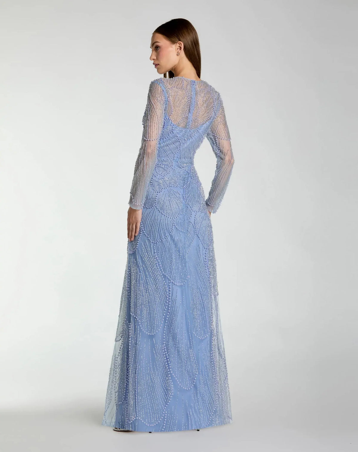 Full length back view of Mac Duggal 69012 periwinkle beaded long sleeve A-line gown