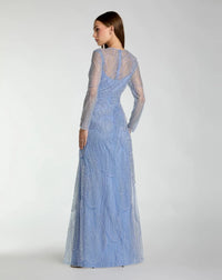 Full length back view of Mac Duggal 69012 periwinkle beaded long sleeve A-line gown