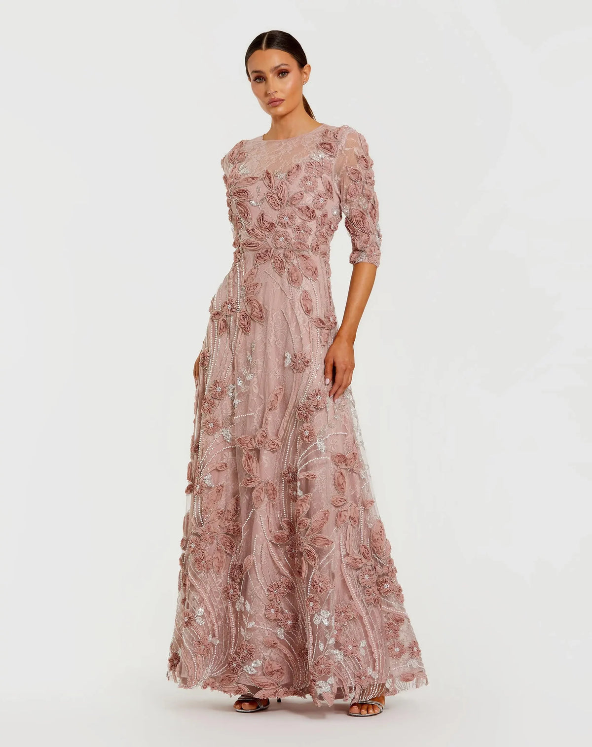 Mac Duggal Pink High Neck Embellished Lace Gown with 3/4 Sleeves #69016 Mocha 