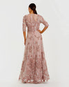 High Neck Embellished Lace Gown with 3/4 Sleeves - Pink