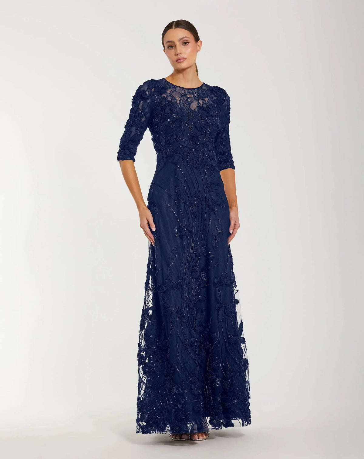 Mac Duggal Navy High Neck Embellished Lace Gown with 3/4 Sleeves #69016