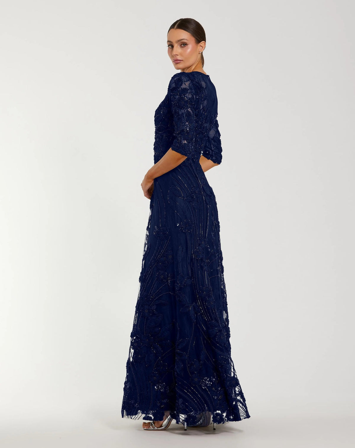 Mac Duggal Navy High Neck Embellished Lace Gown with 3/4 Sleeves #69016