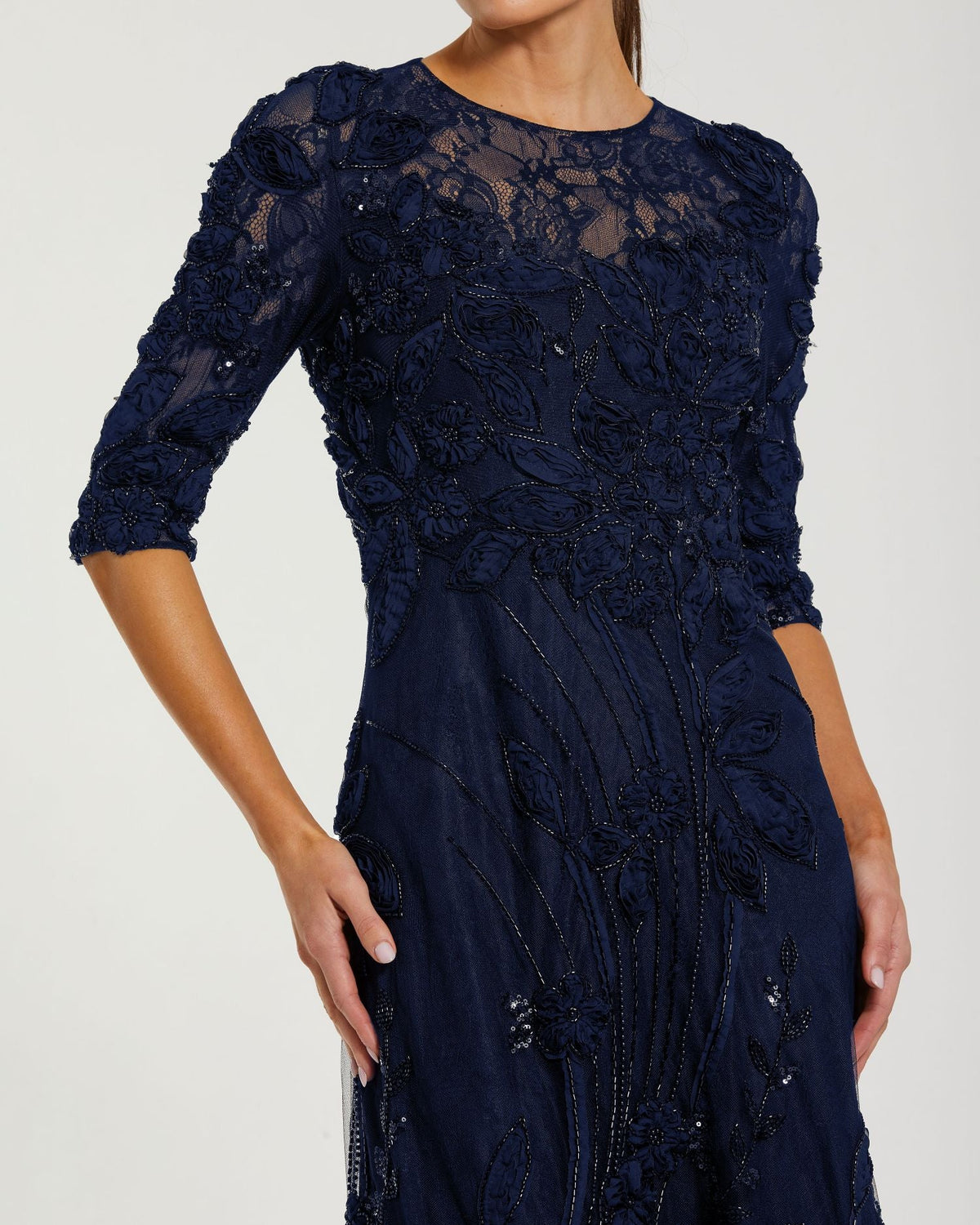  Mac Duggal Navy High Neck Embellished Lace Gown with 3/4 Sleeves #69016