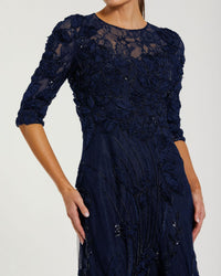  Mac Duggal Navy High Neck Embellished Lace Gown with 3/4 Sleeves #69016