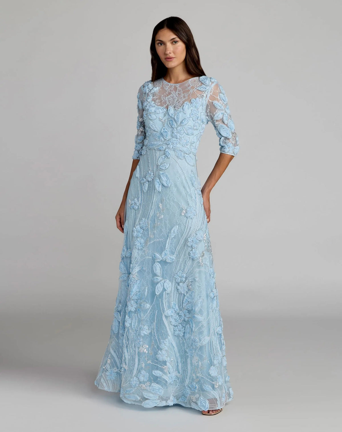 Mac Duggal Blue High Neck Embellished Lace Gown with 3/4 Sleeves #69016 Periwinkle