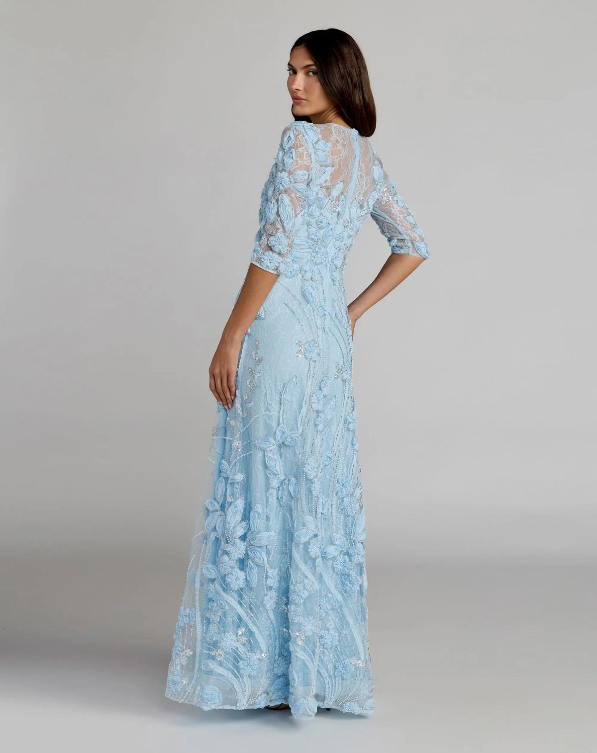 Mac Duggal Blue High Neck Embellished Lace Gown with 3/4 Sleeves #69016 Periwinkle back