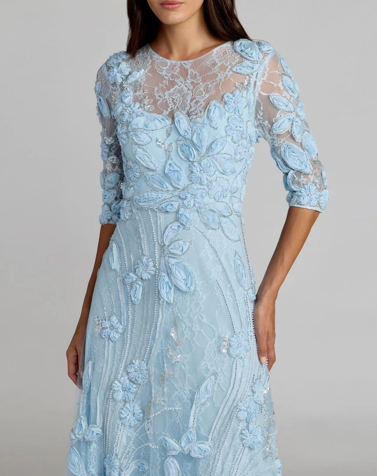 Mac Duggal Blue High Neck Embellished Lace Gown with 3/4 Sleeves #69016 Periwinkle