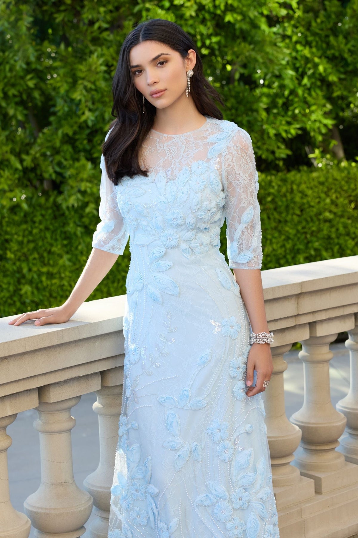 Mac Duggal Blue High Neck Embellished Lace Gown with 3/4 Sleeves #69016 Periwinkle