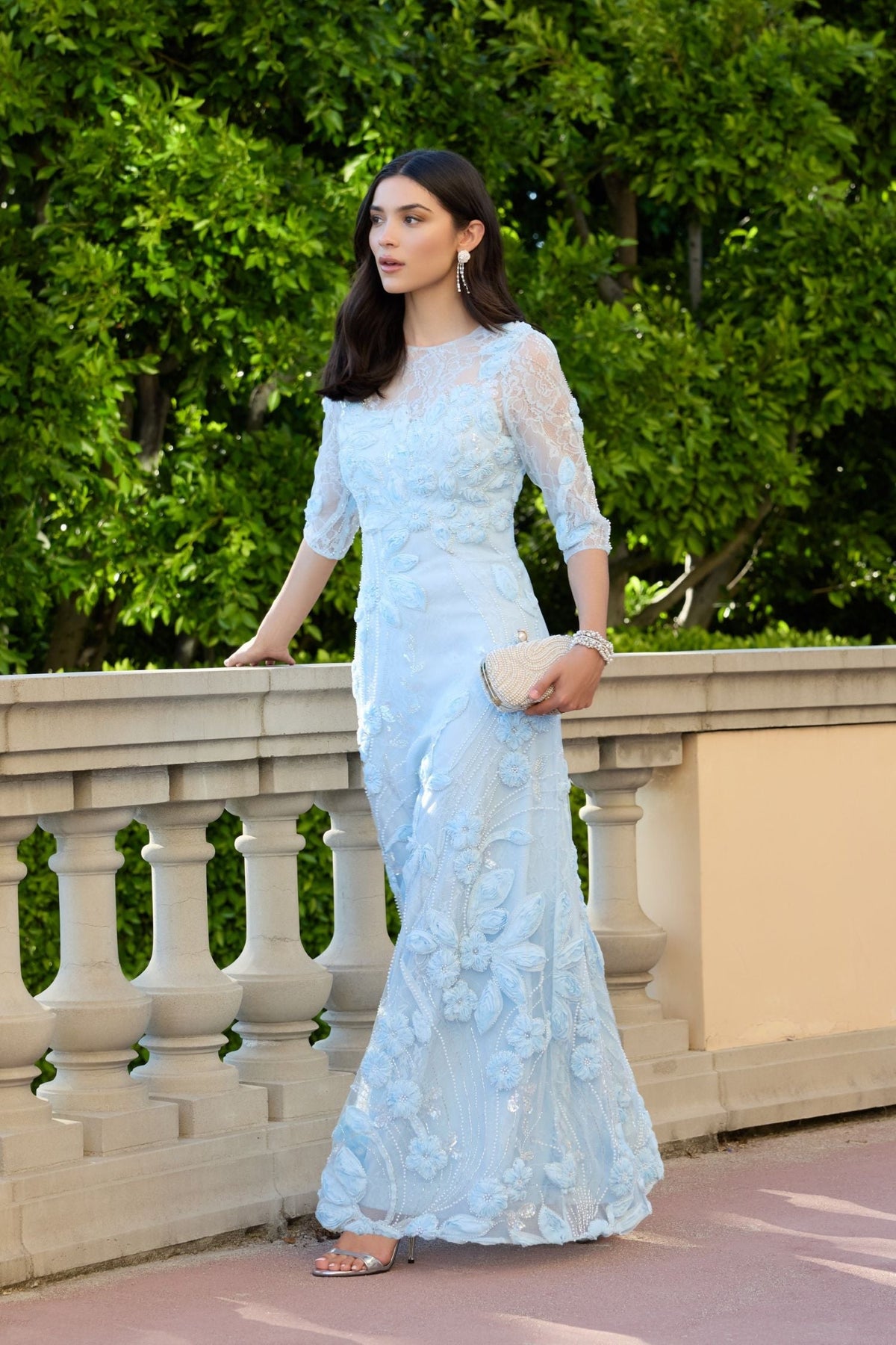 Mac Duggal Blue High Neck Embellished Lace Gown with 3/4 Sleeves #69016 Periwinkle