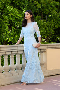 Mac Duggal Blue High Neck Embellished Lace Gown with 3/4 Sleeves #69016 Periwinkle