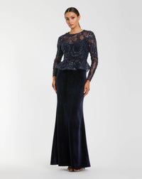 Mac Duggal #69017 midnight embellished peplum gown with velvet skirt