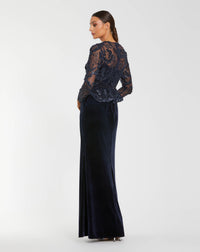 Mac Duggal #69017 midnight peplum gown back view