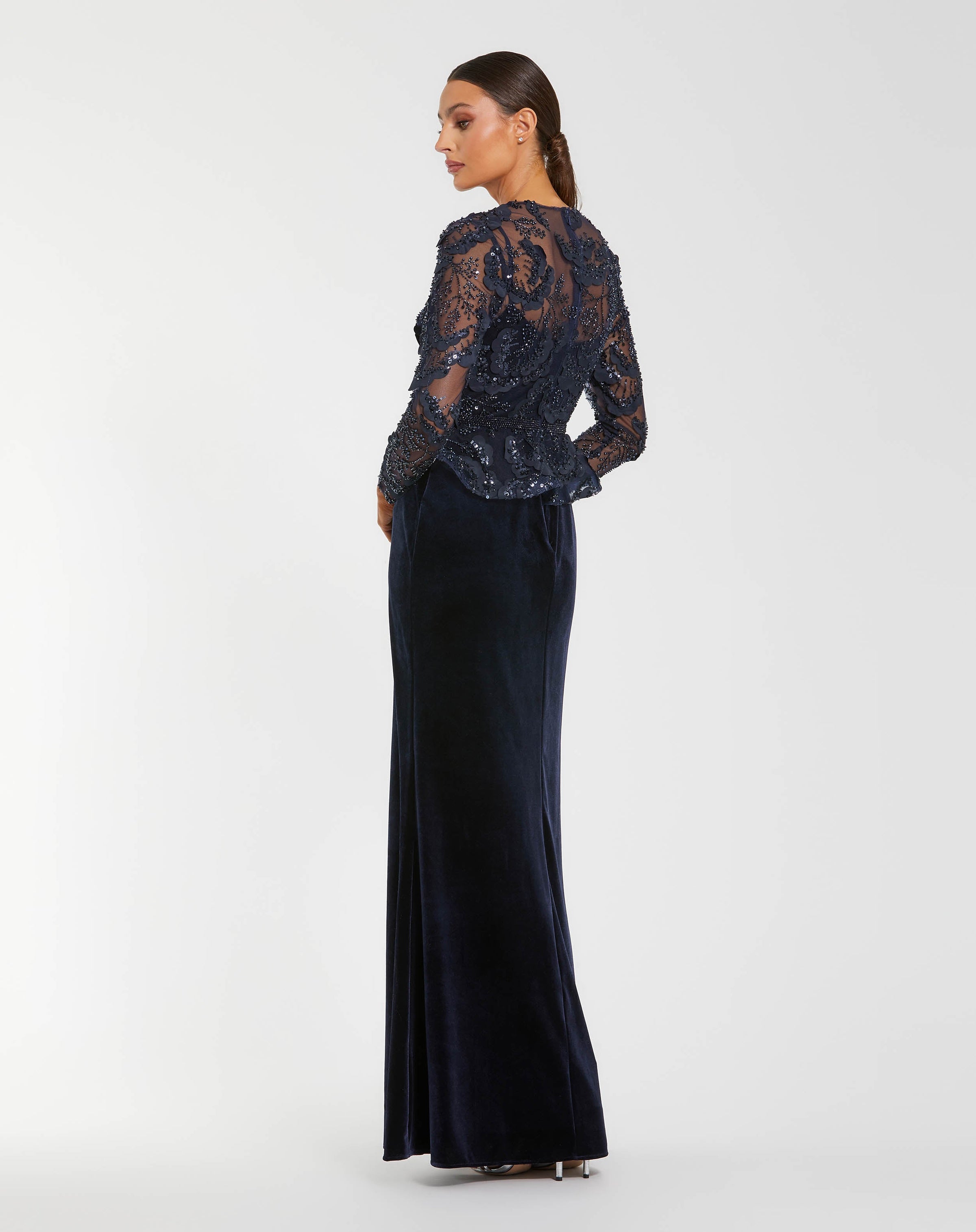 Mac Duggal #69017 midnight peplum gown back view