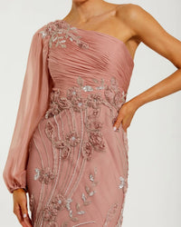 Pink one-shoulder dress with intricate beadwork on a white background