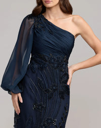 Navy One Sleeve Chiffon Embellished Gown