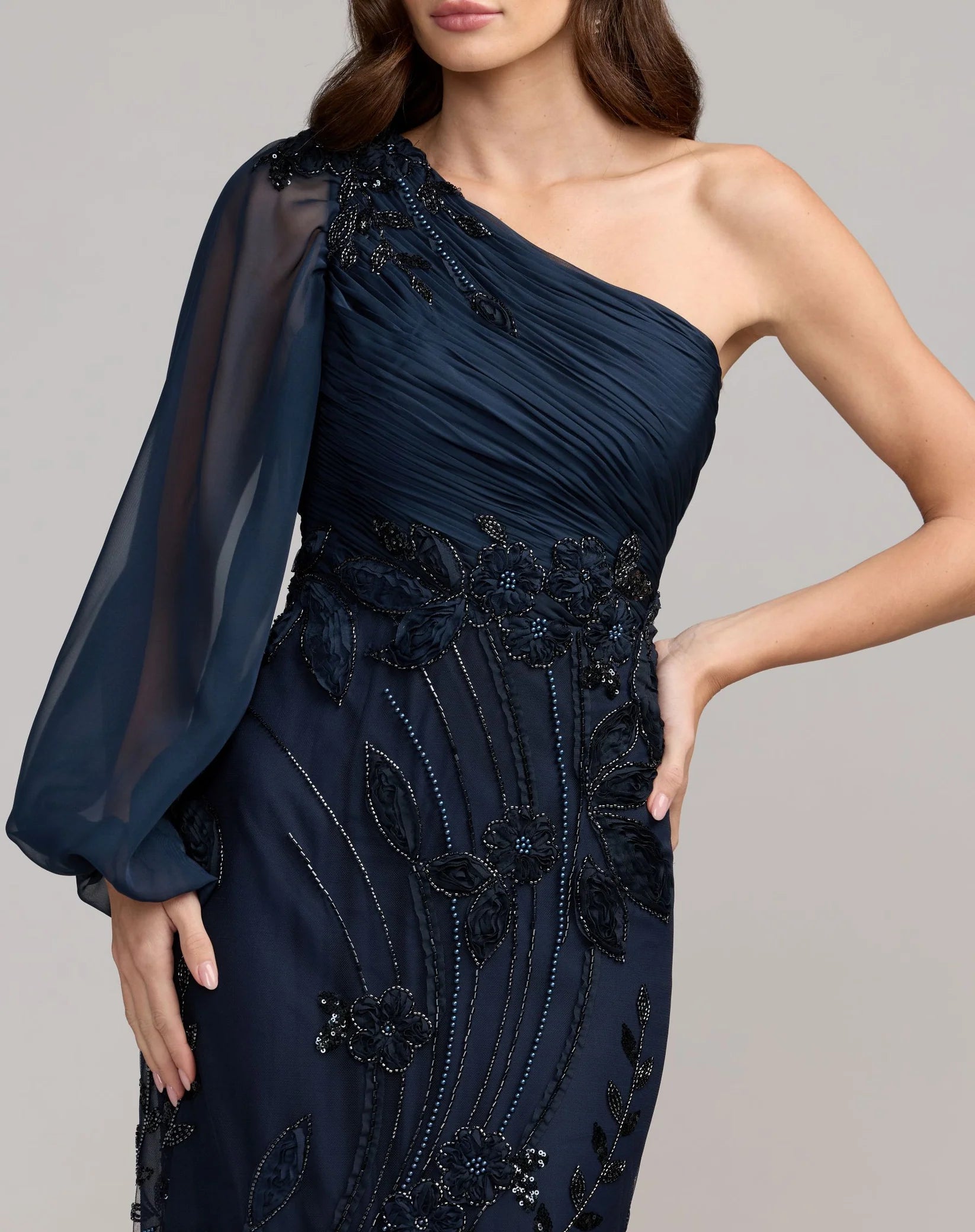 Navy One Sleeve Chiffon Embellished Gown