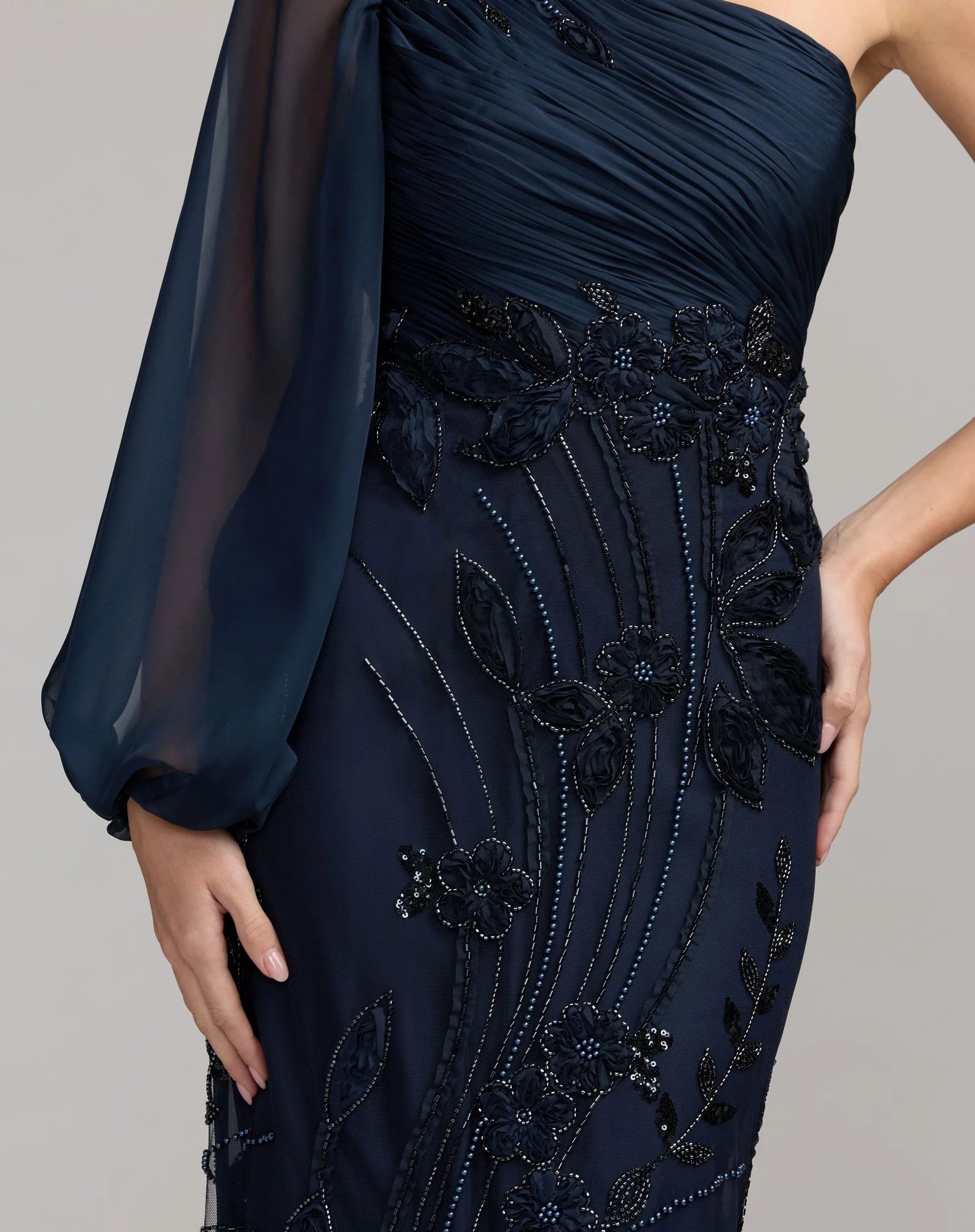 Mac Duggal Navy One Sleeve Chiffon Embellished Gown #69019 close up