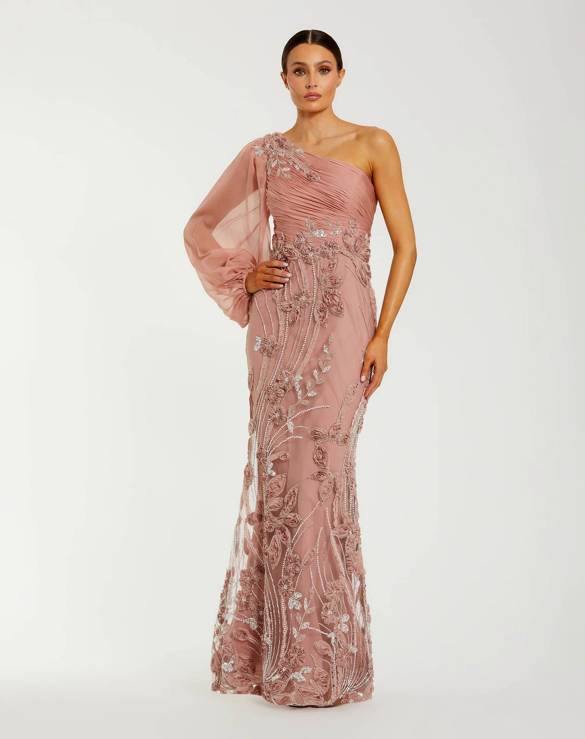 Mac Duggal Pink One Sleeve Chiffon Embellished Gown #69019 Mocha