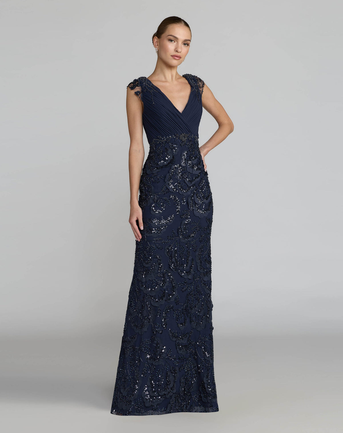 Mac Duggal Pink Floral Beaded Chiffon V-Neck Evening Gown Navy Blue #69022