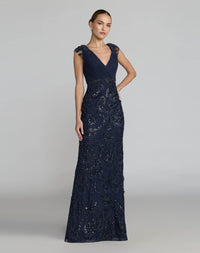 Mac Duggal Pink Floral Beaded Chiffon V-Neck Evening Gown Navy Blue #69022