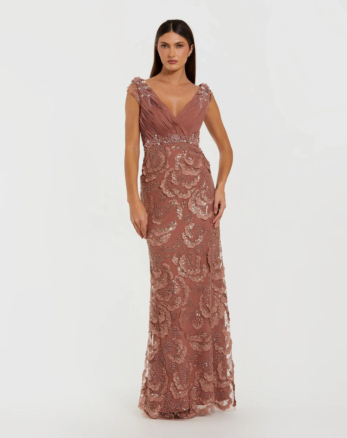 Mac Duggal Pink Floral Beaded Chiffon V-Neck Evening Gown Rose  #69022