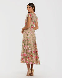 Mac Duggal Beige Floral Embroidered Flutter Sleeve Midi Dress #69024