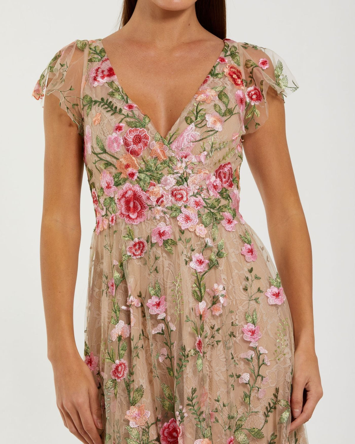 Mac Duggal Beige Floral Embroidered Flutter Sleeve Midi Dress #69024