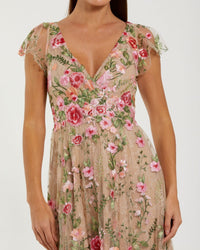 Mac Duggal Beige Floral Embroidered Flutter Sleeve Midi Dress #69024