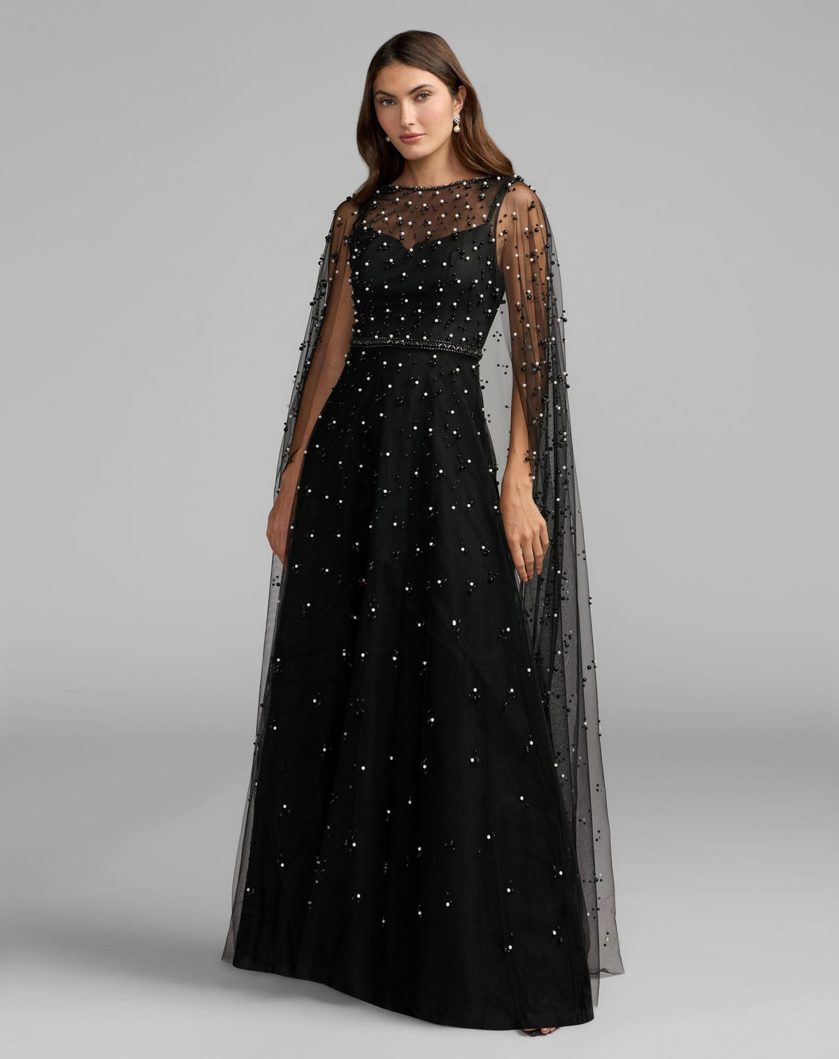 Mac Duggal #69025 black ivory pearl embellished tulle A-line gown with cape