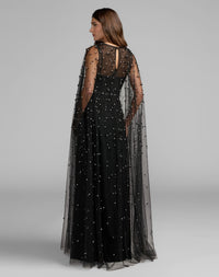 Mac Duggal #69025 black ivory pearl tulle gown back view with keyhole