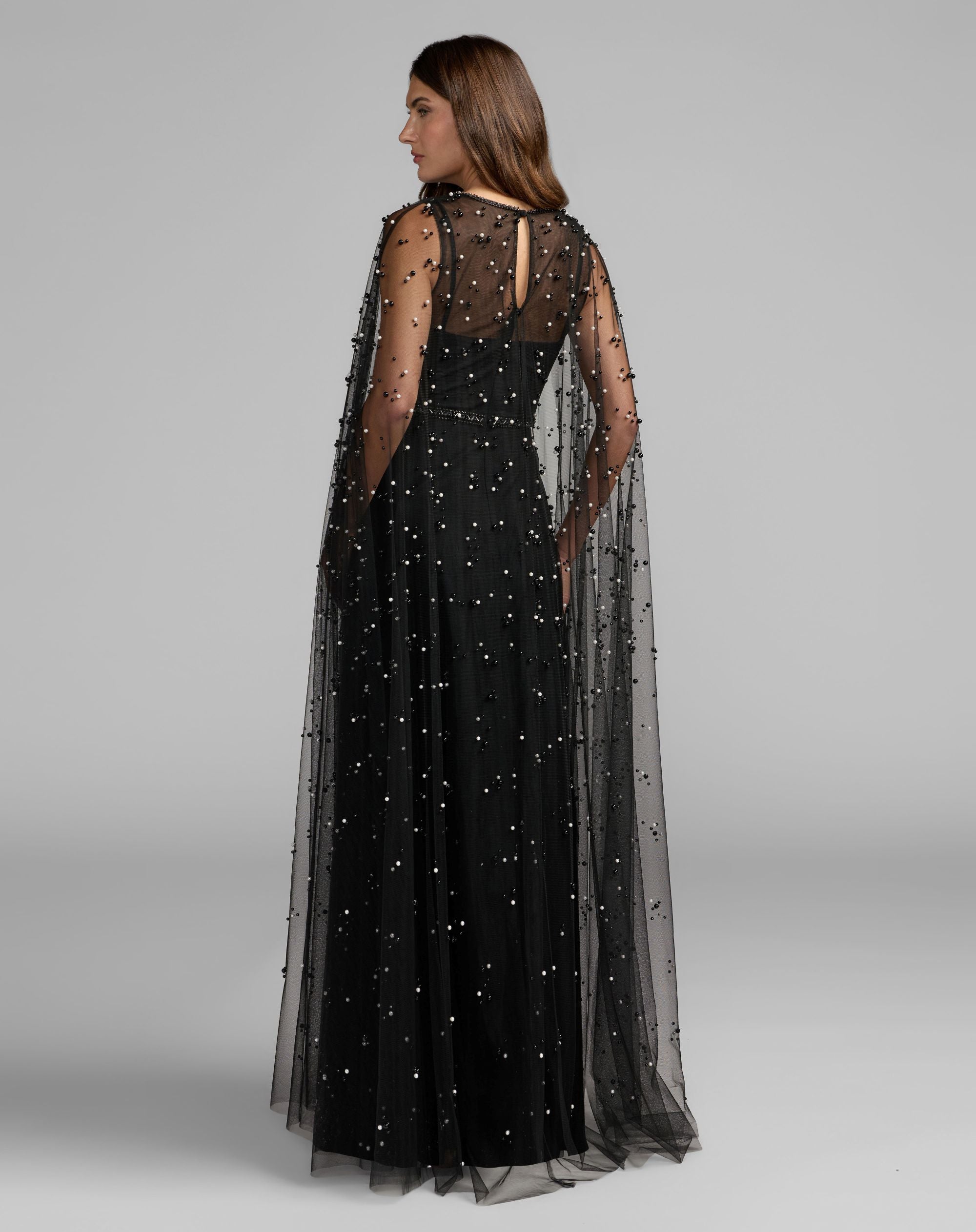 Mac Duggal #69025 black ivory pearl tulle gown back view with keyhole
