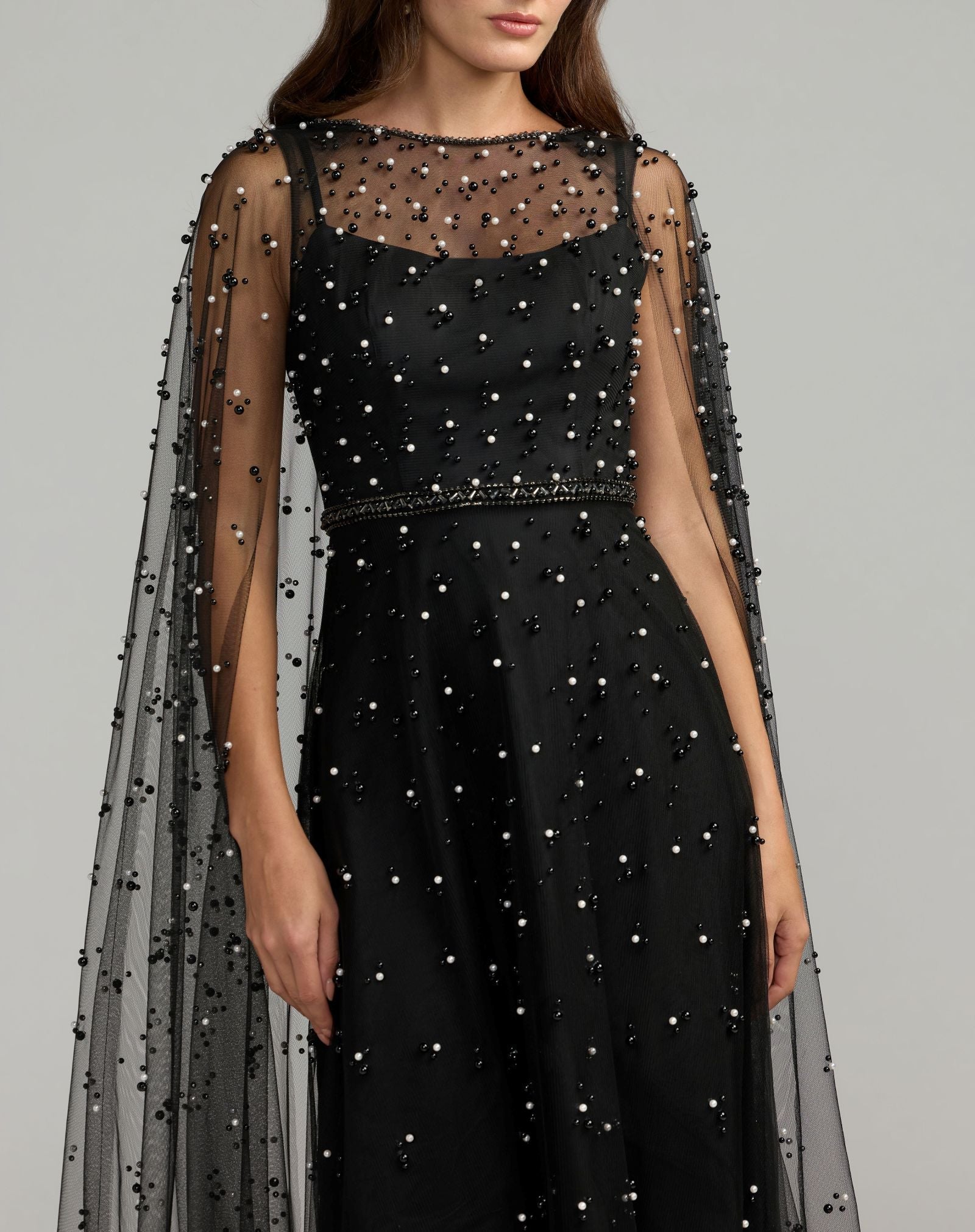 Mac Duggal #69025 black ivory gown pearl embellishment detail