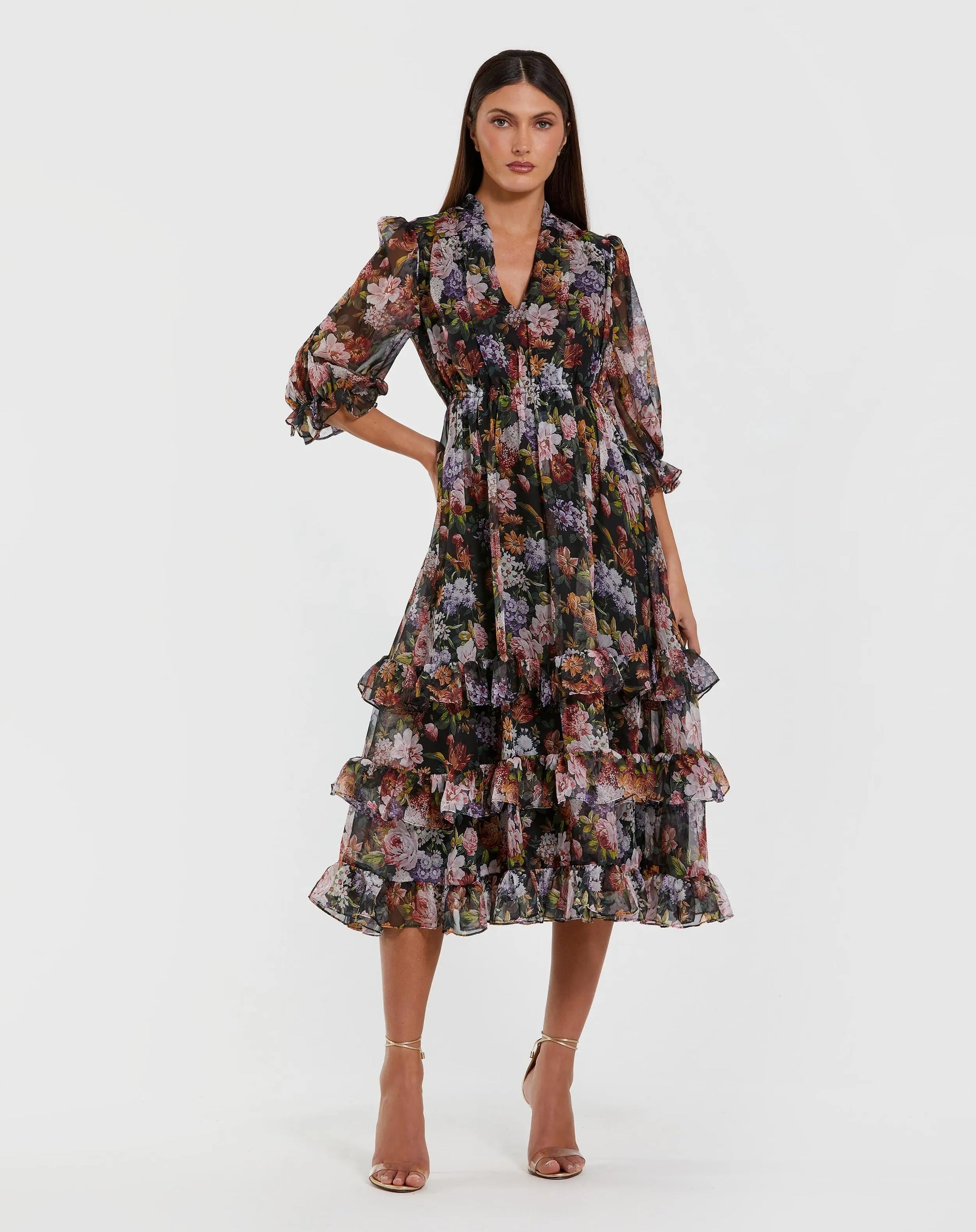 Mac Duggal #69031 black multi floral chiffon ruffle midi dress