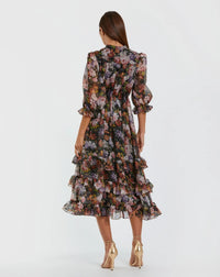 Mac Duggal #69031 black multi floral chiffon ruffle midi dress